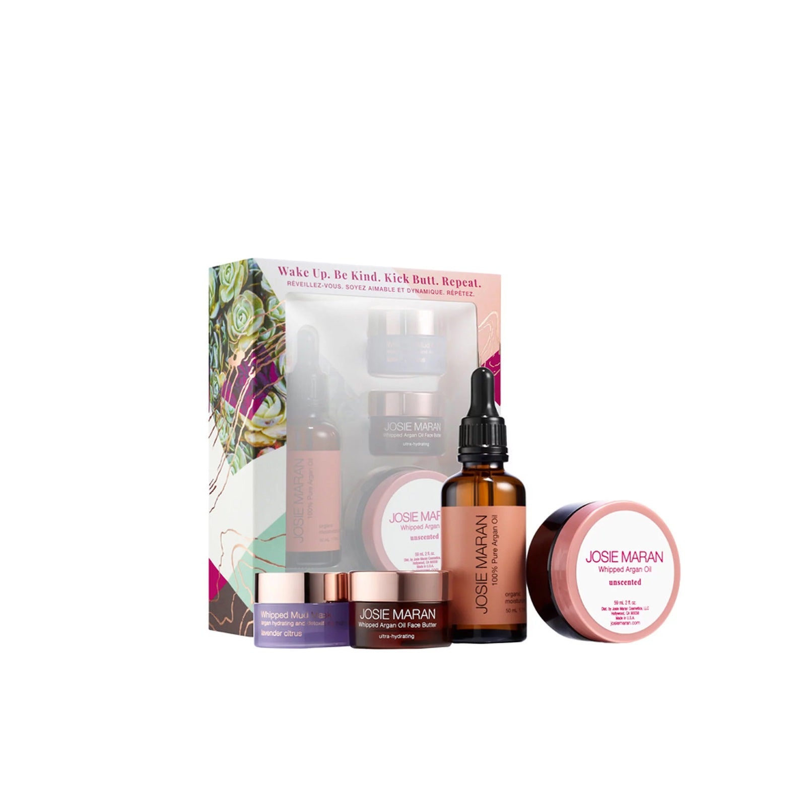 Josie Maran Wake Up. Be Kind. Kick Butt. Repeat 4 Piece Set - 100% Pure Argan Oil / Whipped Mud Mask Lavender Citrus / Whipped Argan Oil Face Butter / Whipped Argan Oil Body Butter	1.7 FL OZ / 50 ML 0.5 OZ / 15 G 0.34 FL OZ / 10 ML 2.0 FL OZ / 59 ML